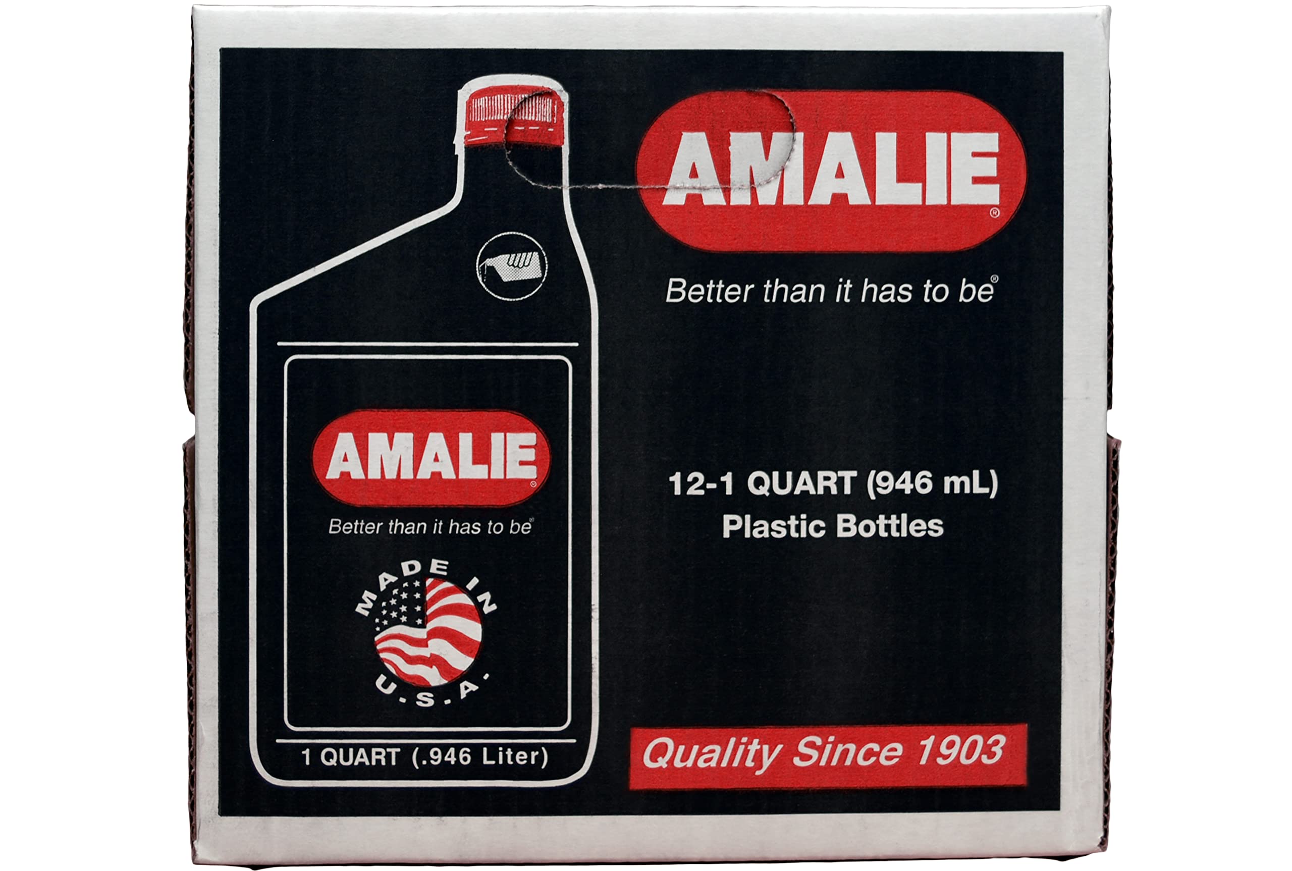 Amalie 1-quart bottle beside a measuring cup showing pack-of-12 storage benefit