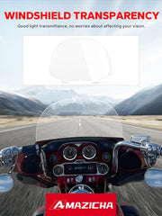 Amazicha windshield mounted on Electra Glide demonstrating improved rider comfort