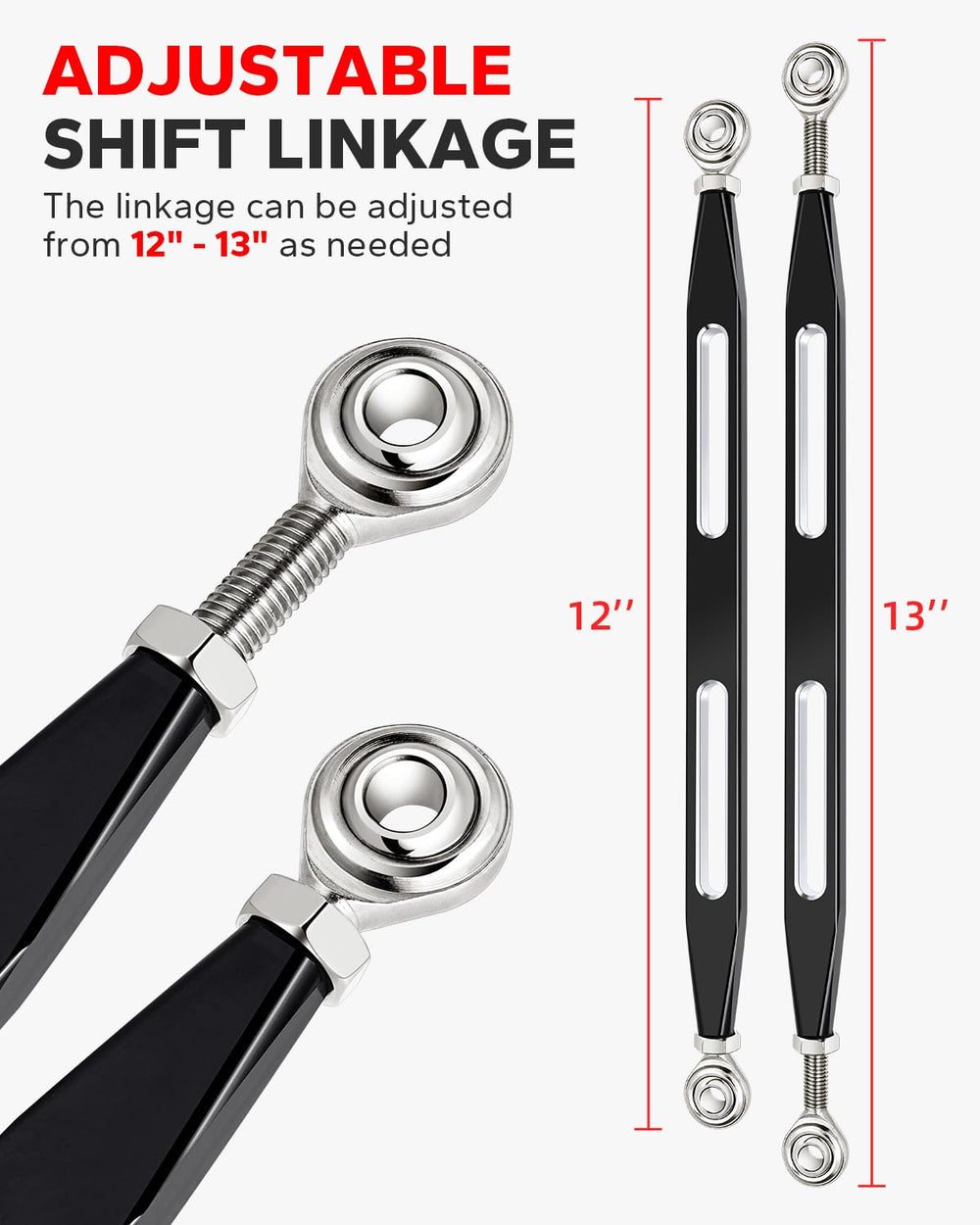 Amazicha linkage beside measuring tape showing 12 to 13 inch adjustable length benefit