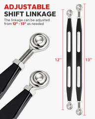 Amazicha linkage beside measuring tape showing 12 to 13 inch adjustable length benefit