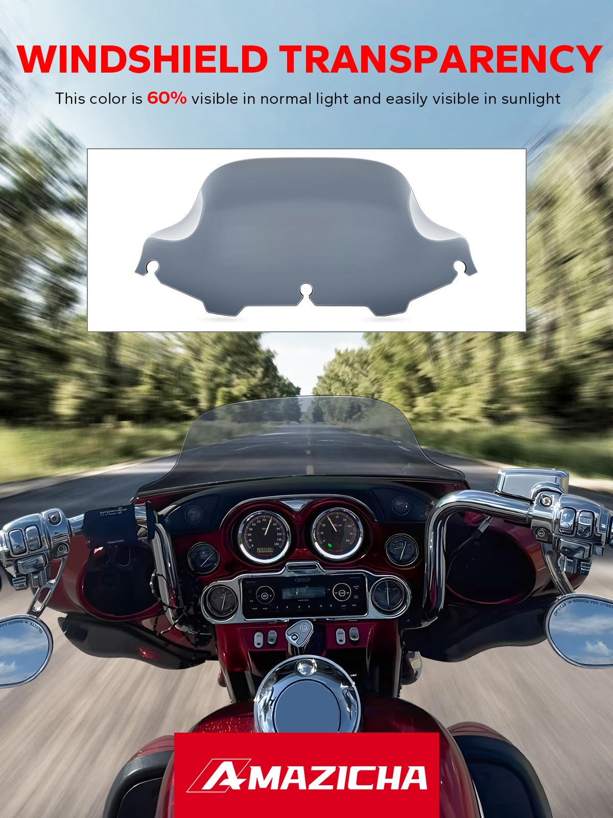 Amazicha side profile mounted on a Harley Street Glide demonstrating reduced wind exposure
