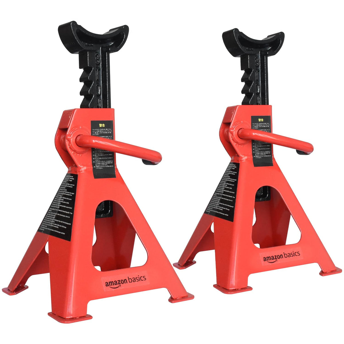 Amazon Basics jack stands front view showing pair and capacity labels for confident support