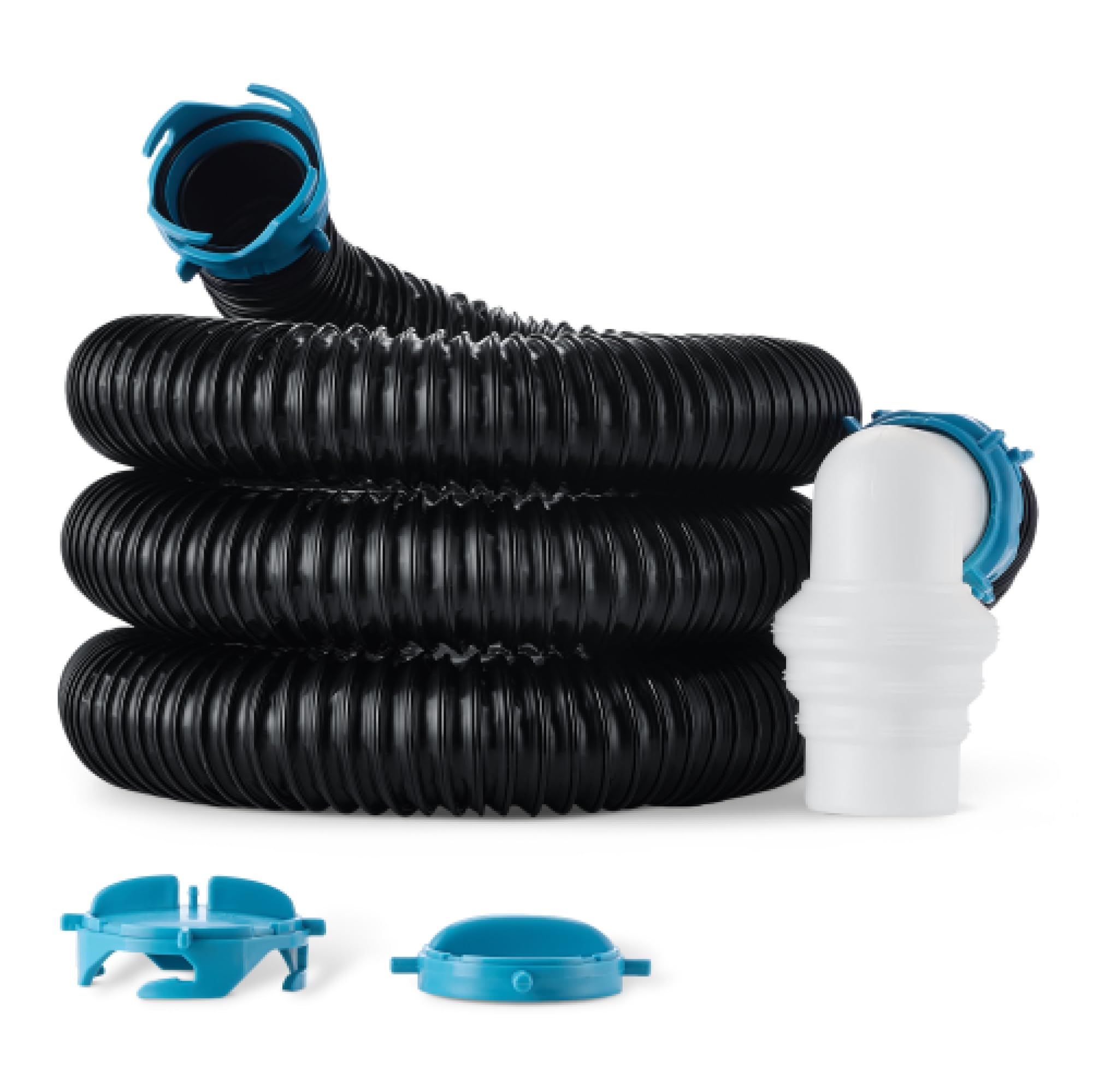 Amazon Basics front packaging showing complete 15 ft sewer hose kit and components for easy hookup