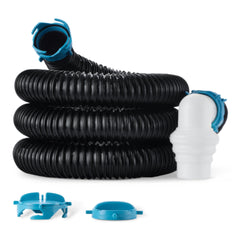 Amazon Basics front packaging showing complete 15 ft sewer hose kit and components for easy hookup