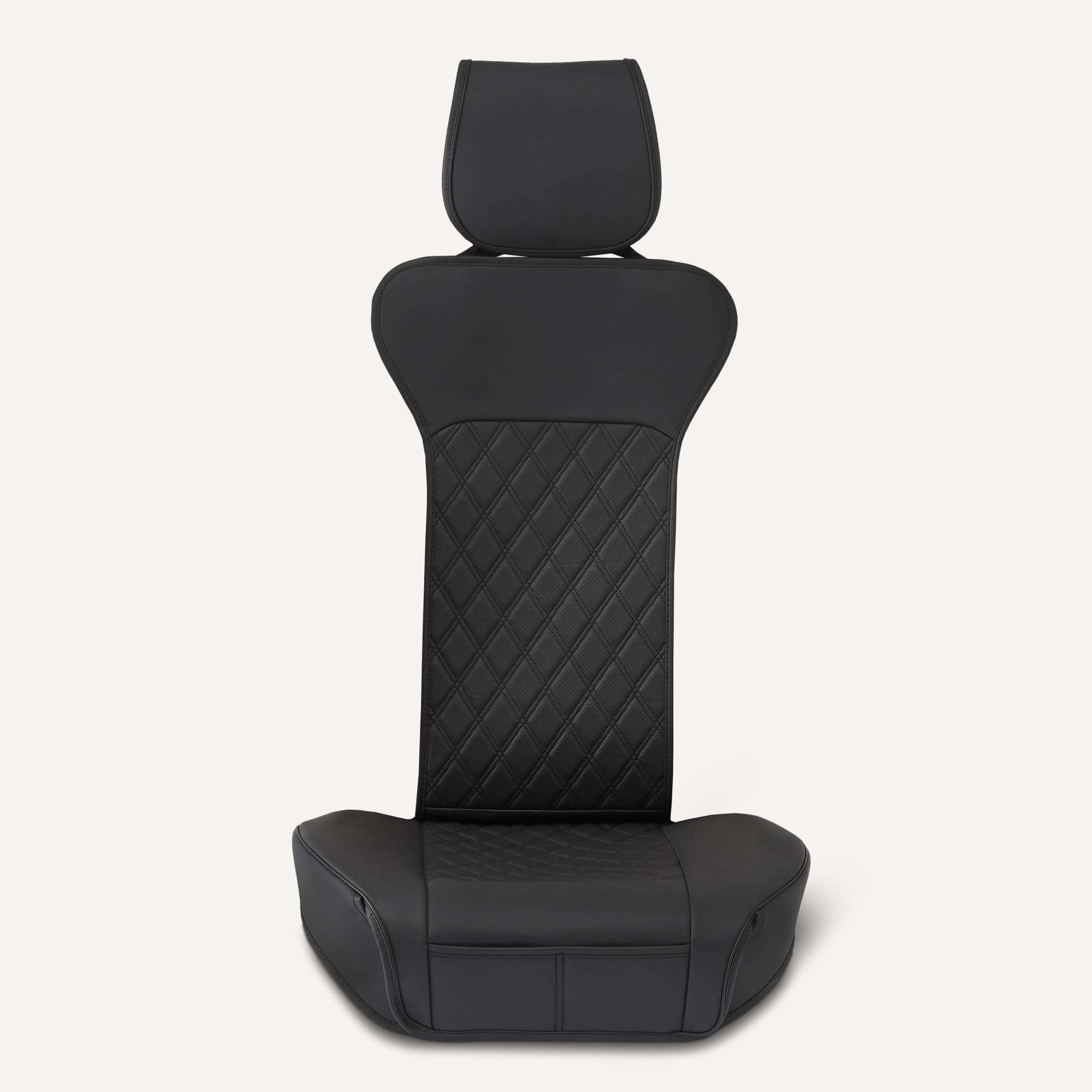 Amazon Basics seat cover installed in car demonstrating quick fit and secure hold