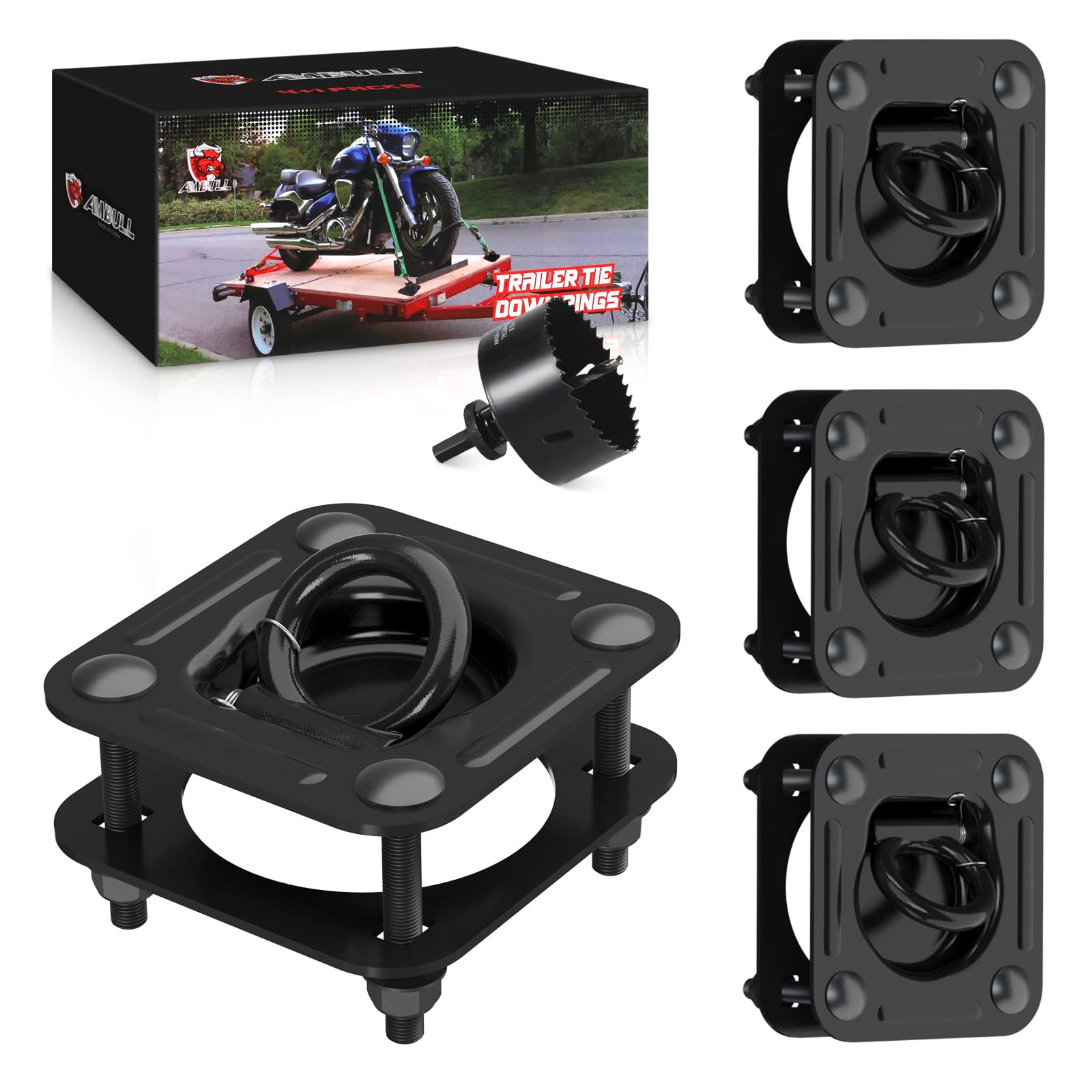 AMBULL front view of four black recessed D-ring anchors showing flush mount benefit