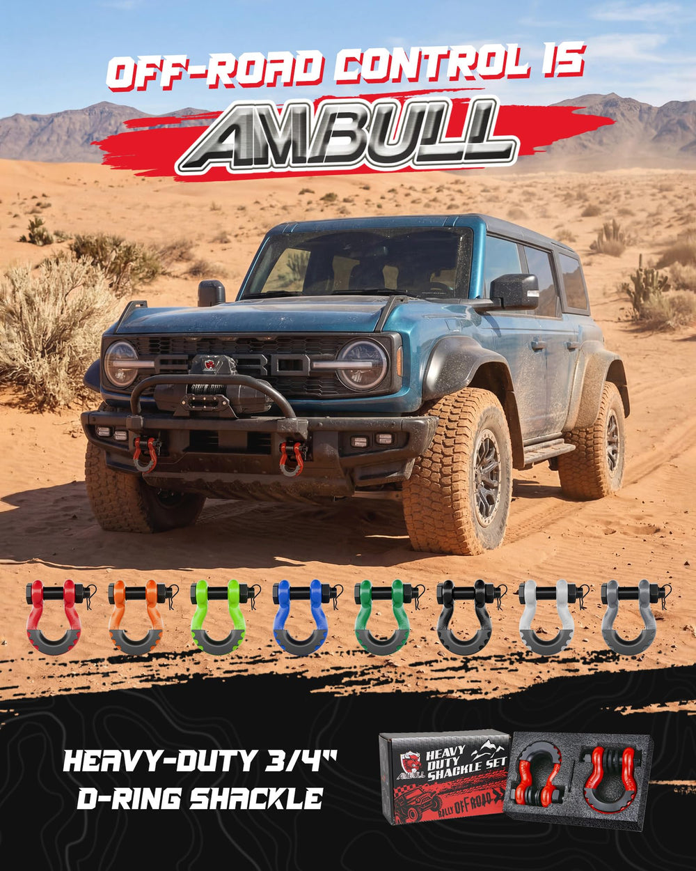 AMBULL shackle next to a hand for size comparison benefit: shows scale for proper fitment