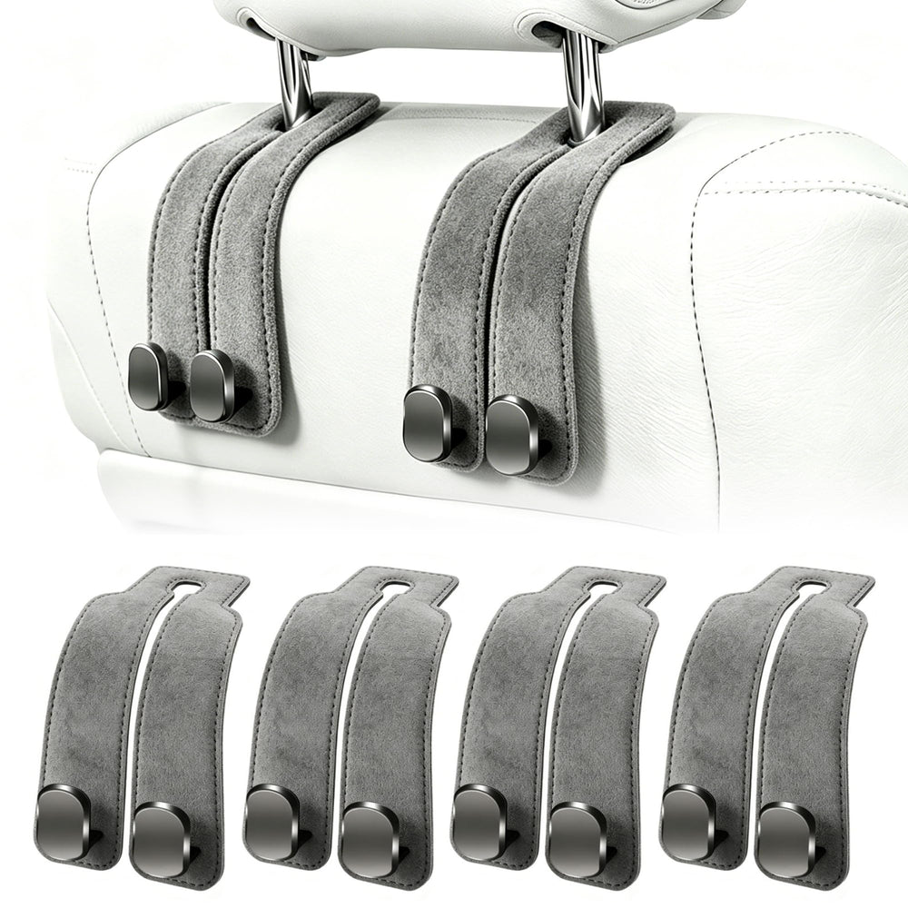 Amelity front view of four gray headrest hooks showing compact storage benefit