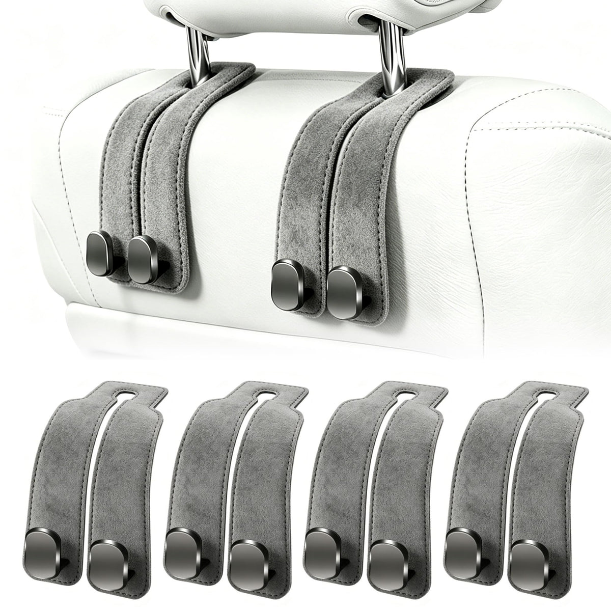 Amelity front view of four gray headrest hooks showing compact storage benefit