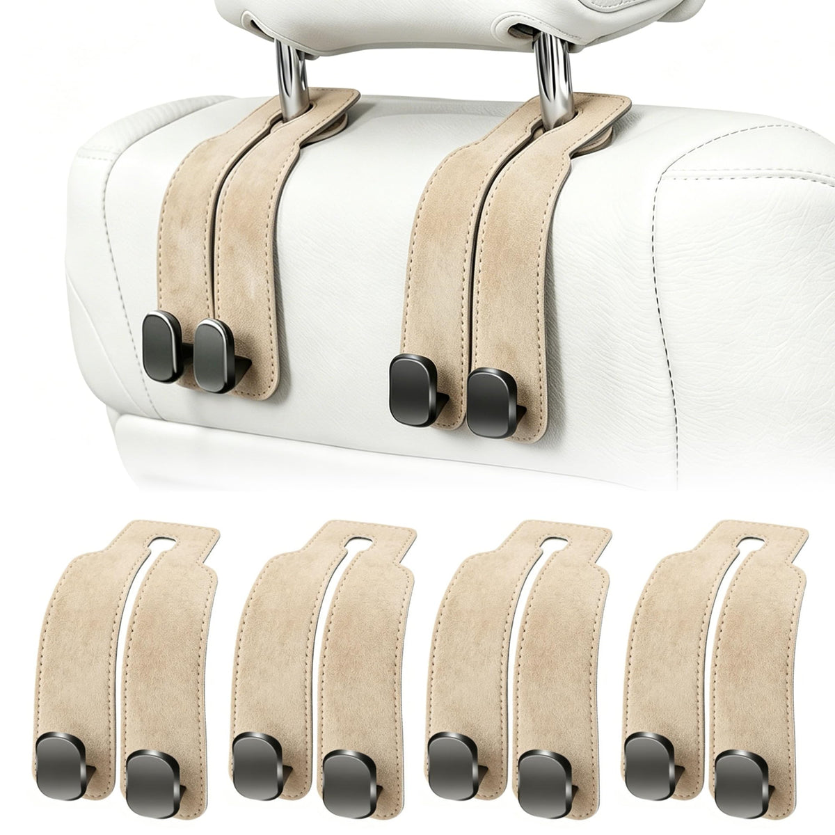 Amelity headrest hook front view showing sleek beige design and tidy storage benefit