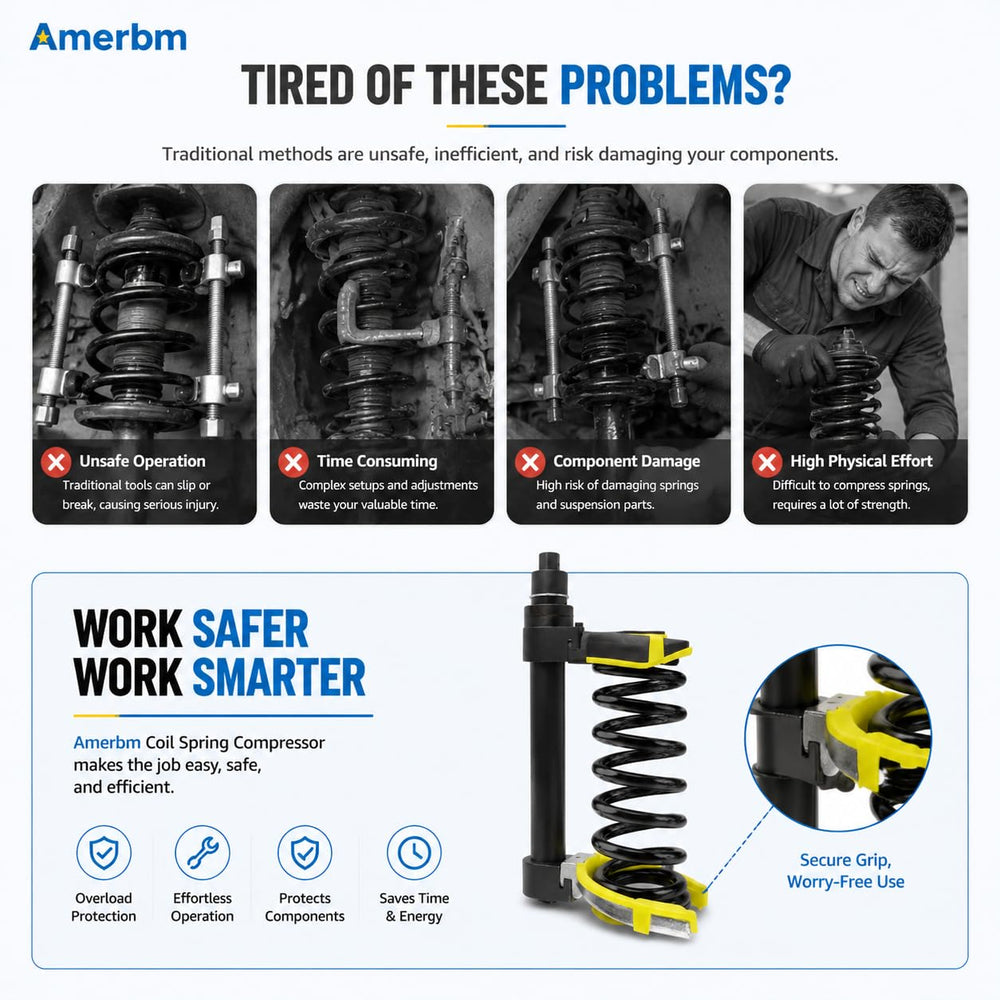 Amerbm compressor in use on a vehicle strut showing quicker impact-wrench operation
