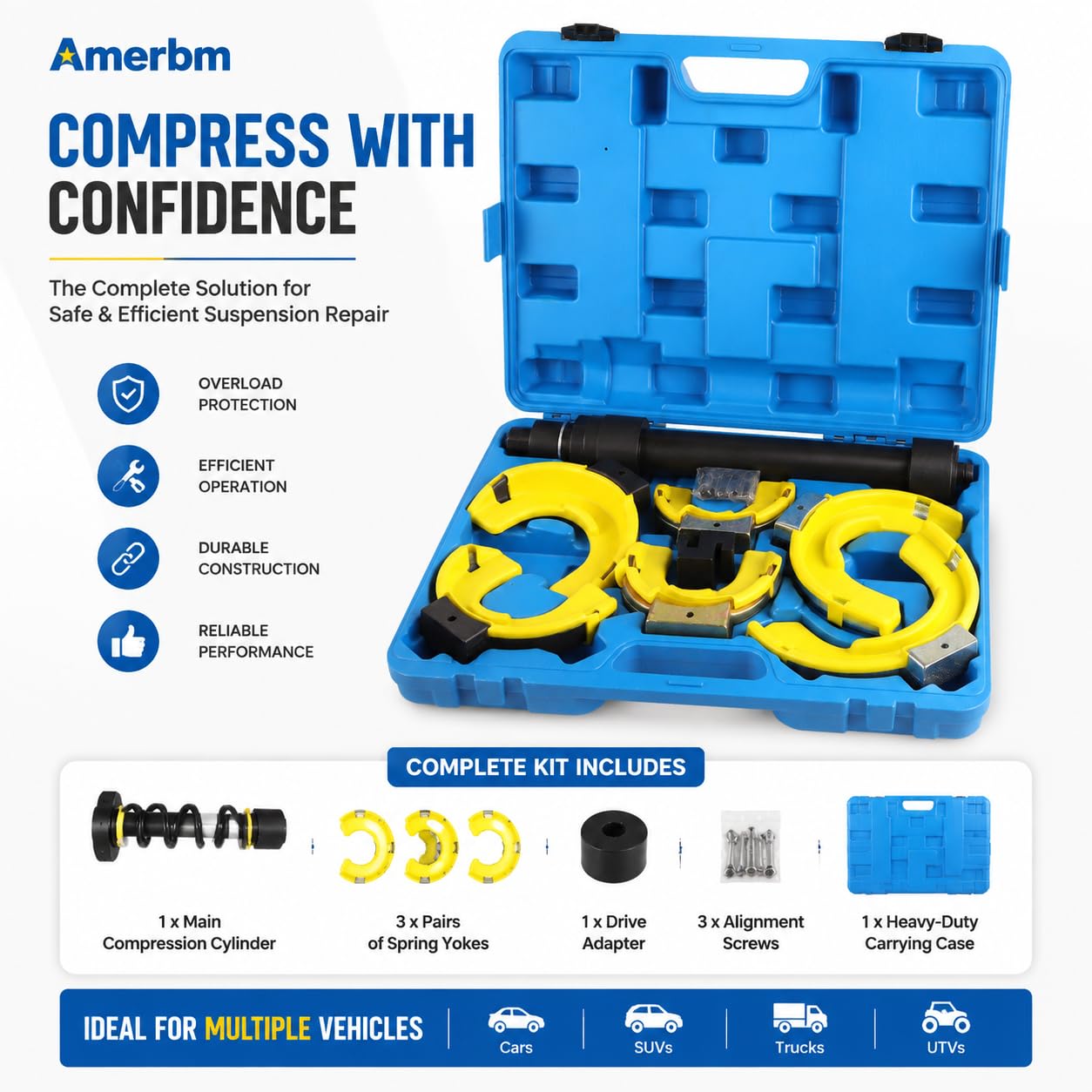 Amerbm packaging and contents laid out showing included parts for ready use