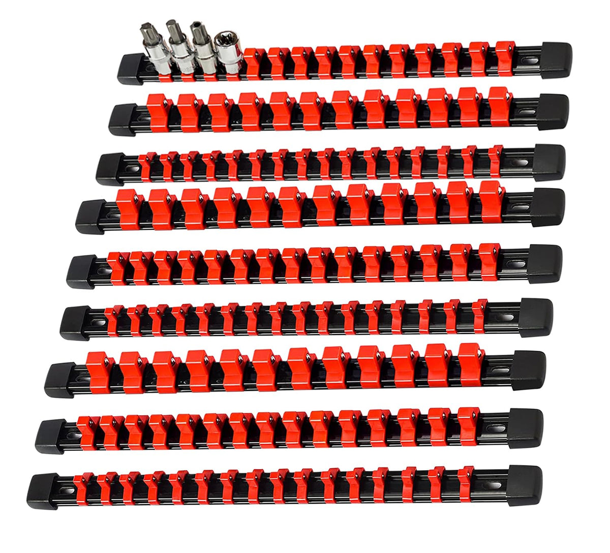 AMM front view of 9-piece socket organizer showing all three drive rails and tidy storage