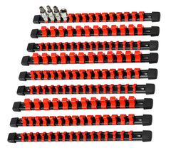 AMM front view of 9-piece socket organizer showing all three drive rails and tidy storage