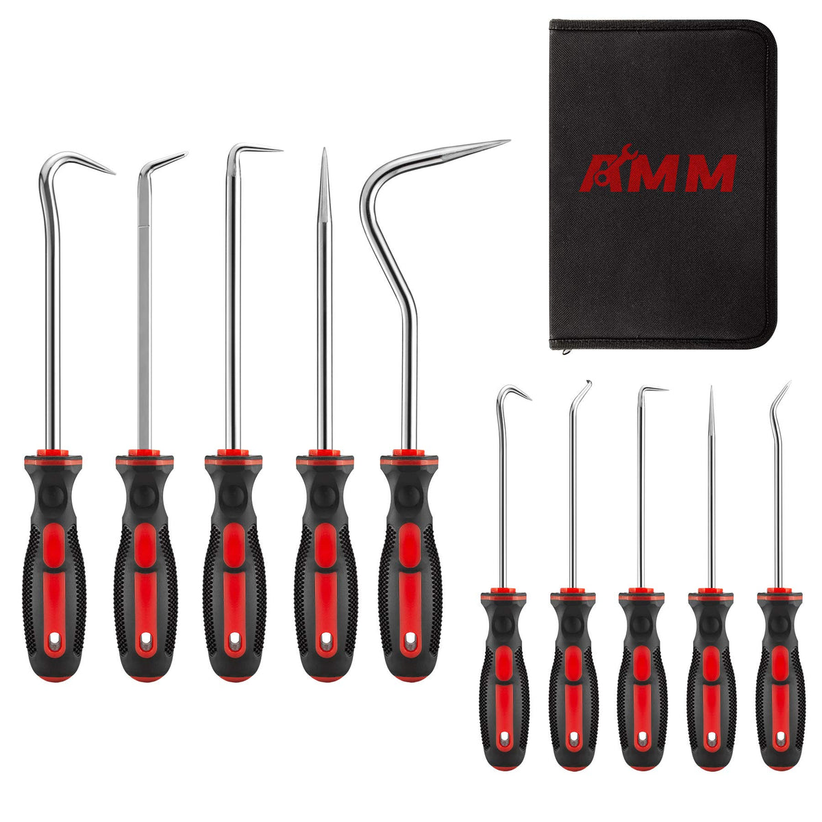 AMM front view of 10 piece pick set showing all tools and bag for quick identification
