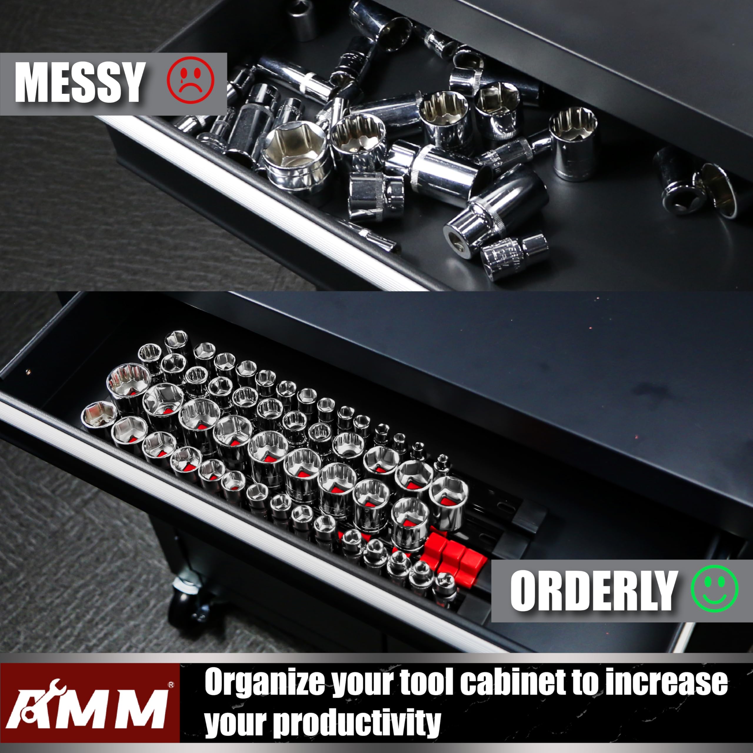 AMM organizer mounted vertically on workbench saving space and improving access