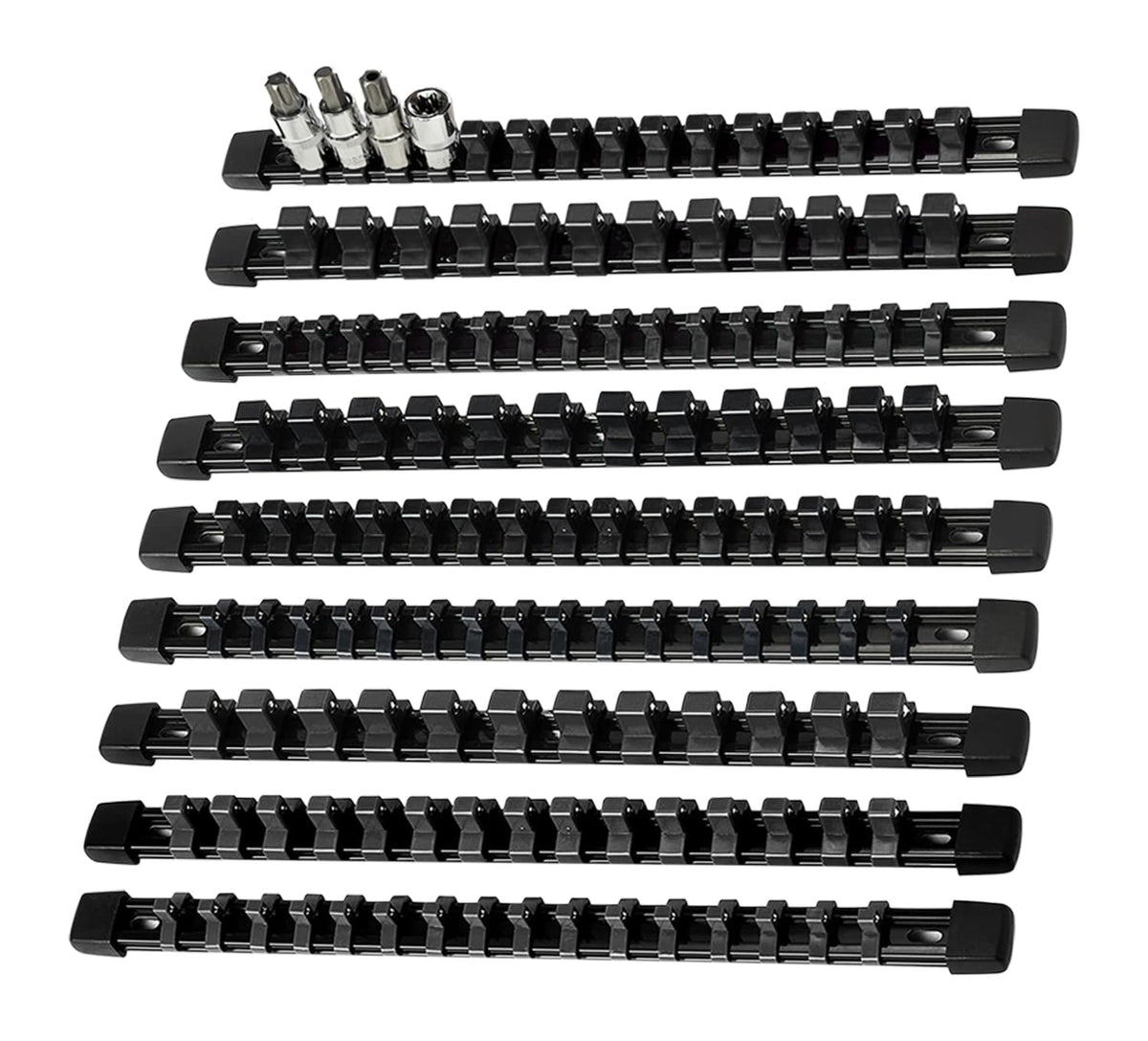 AMM front view of socket organizer kit showing all nine black rails and packaging benefit organized storage