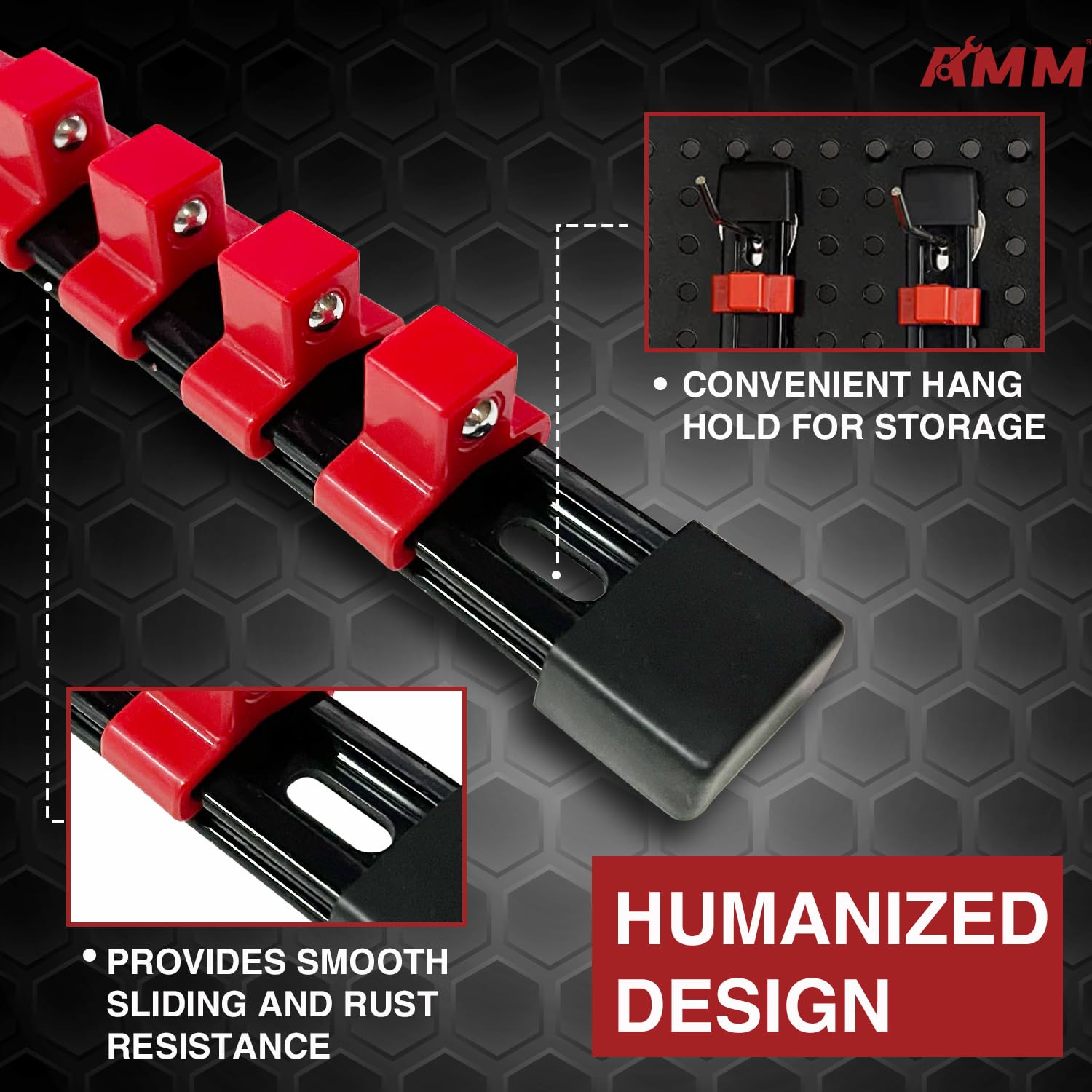AMM socket rails with shallow and deep sockets installed for fast tool selection