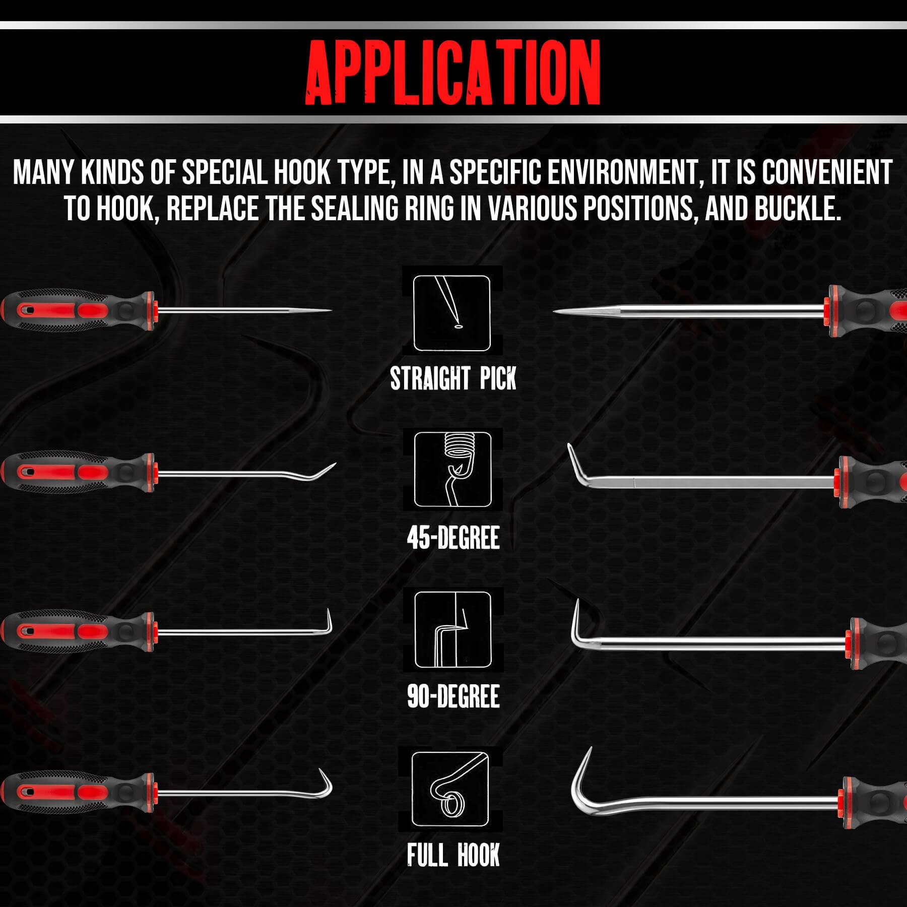 AMM detailed view of different pick and hook tips for precise seal removal