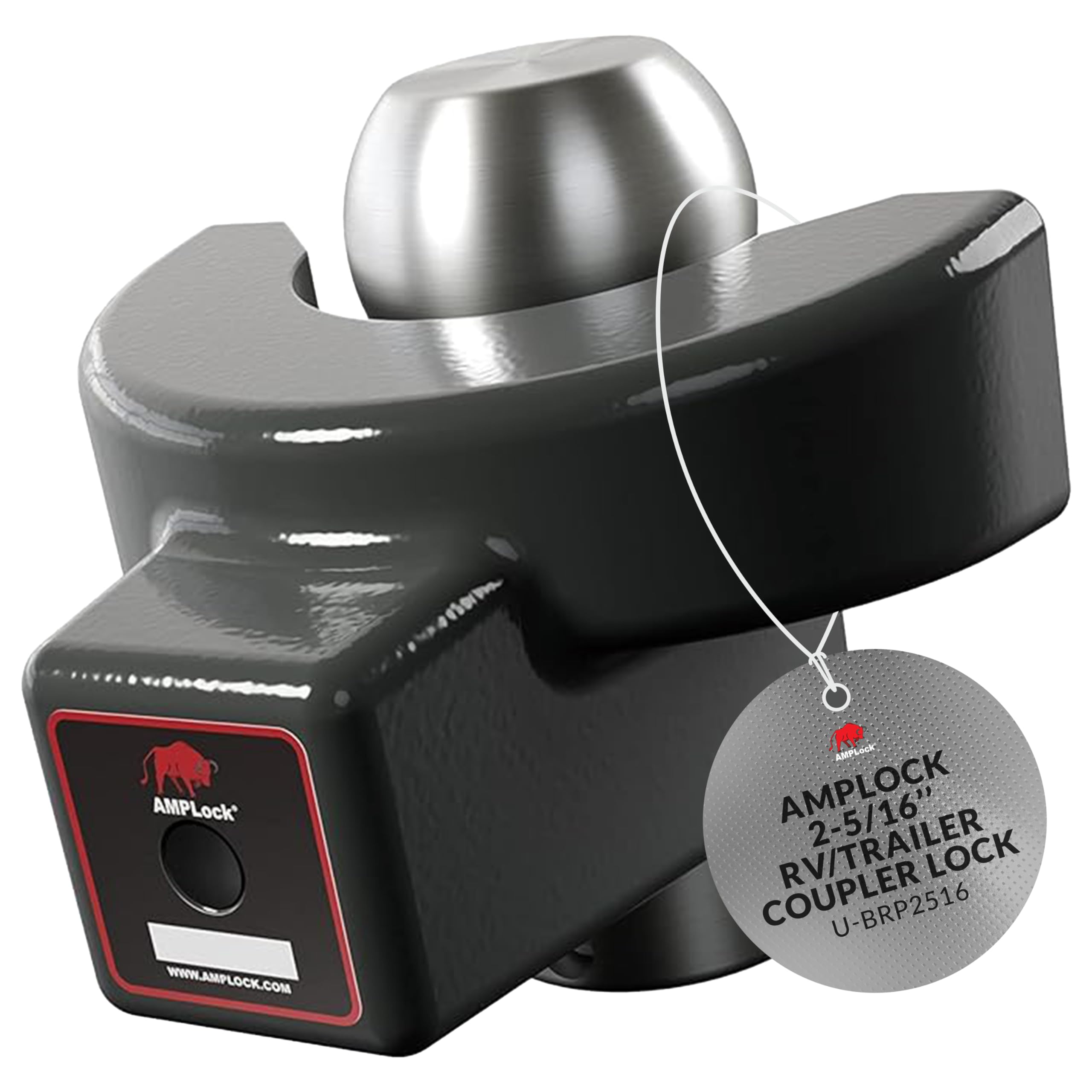 AMPLock front view on 2-5/16 inch coupler showing secure fit and quick protection