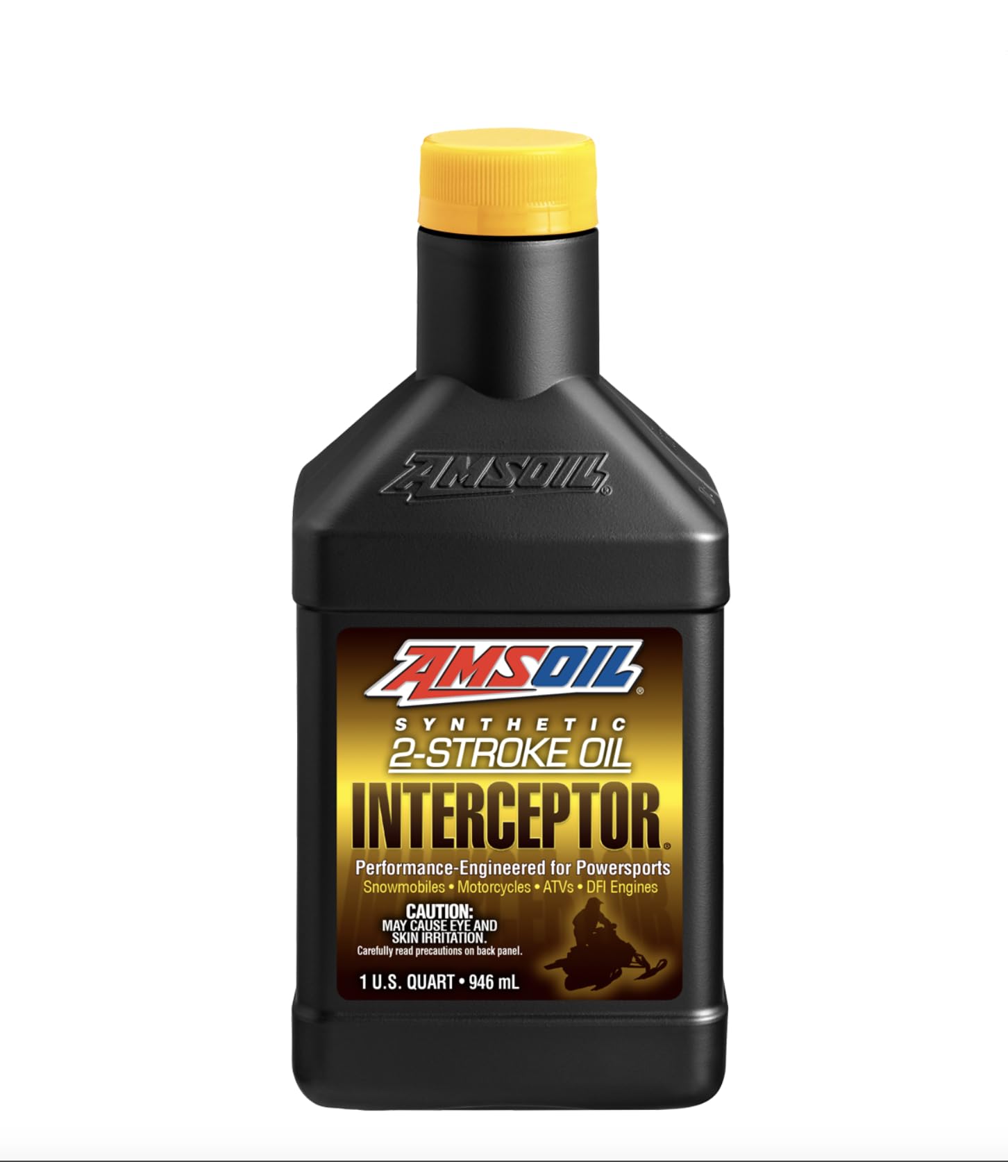 AMSOIL Interceptor full-synthetic 2-cycle oil front label showing brand and quart size for easy identification and correct mixing