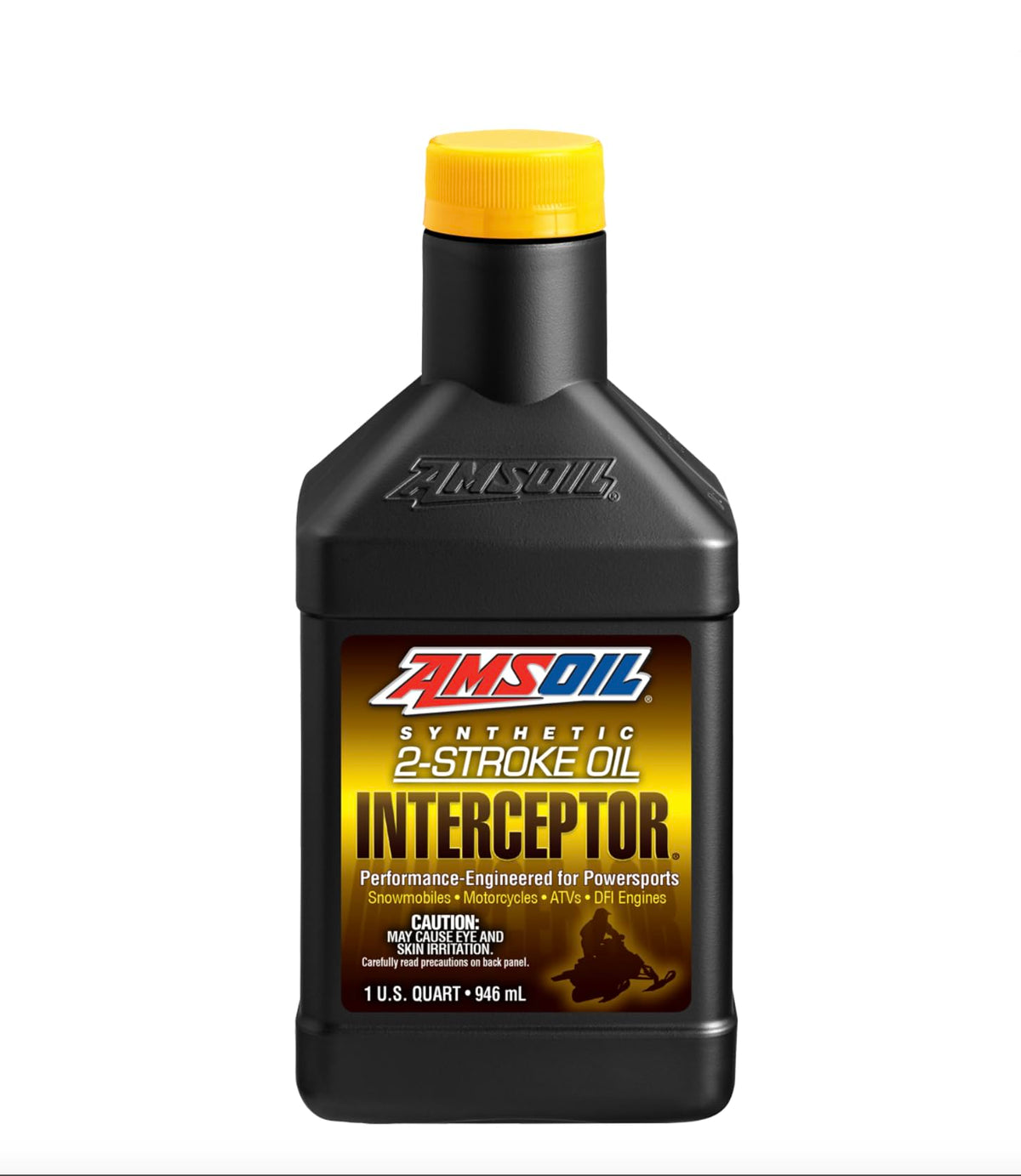 AMSOIL Interceptor full-synthetic 2-cycle oil front label showing brand and quart size for easy identification and correct mixing