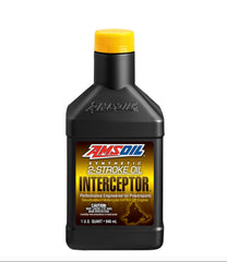 AMSOIL Interceptor full-synthetic 2-cycle oil front label showing brand and quart size for easy identification and correct mixing