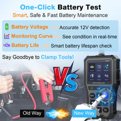 AMTIFO battery tester close-up showing voltage readout to assess battery health