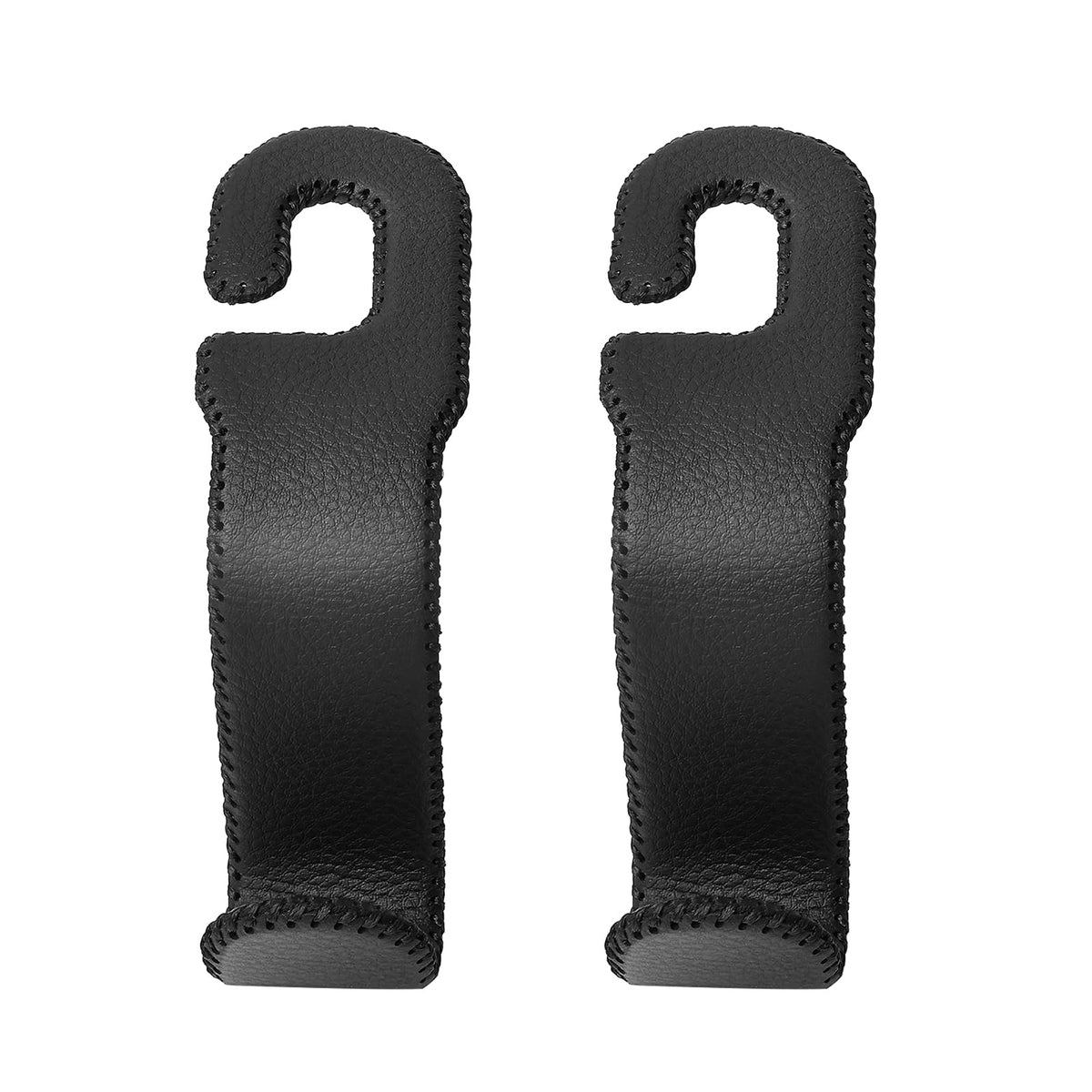 AMVOYOA front view of two black leather-wrapped headrest hooks showing sleek design and storage benefit
