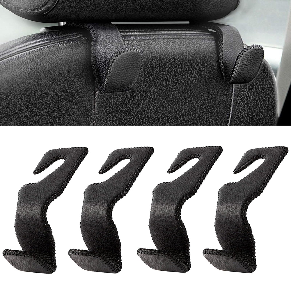 AMVOYOA front view of four headrest hooks showing sleek leather finish and compact design