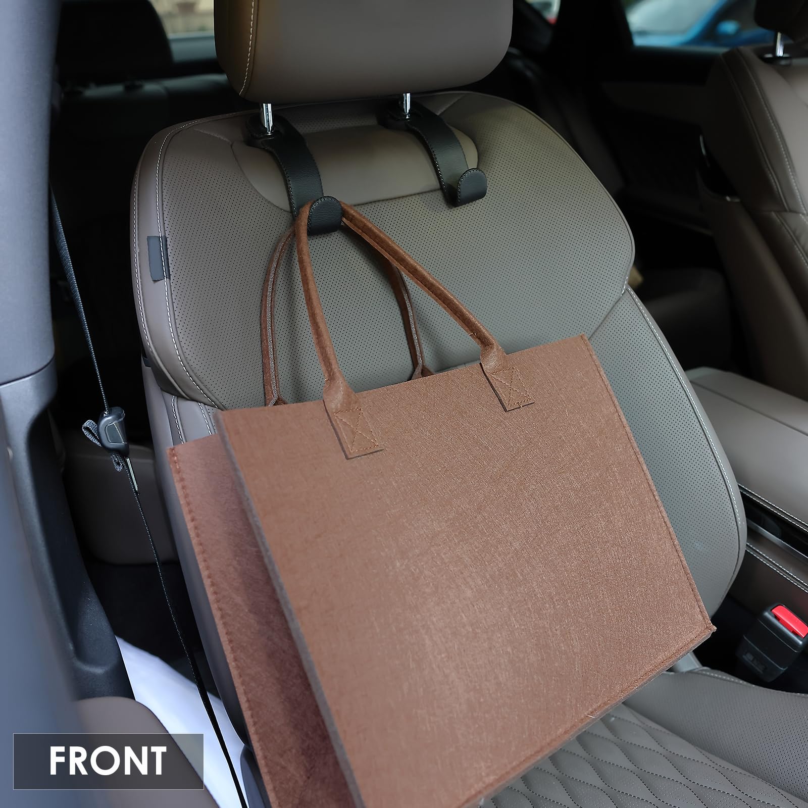 AMVOYOA installed on headrest demonstrating quick no-tool setup and tidy car interior