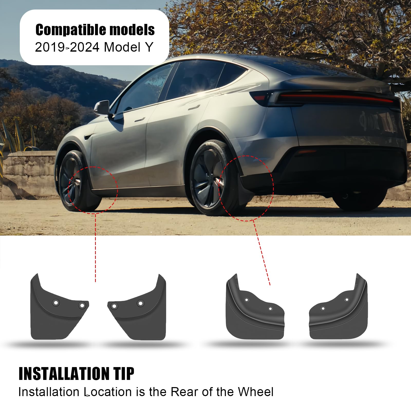AMZAUTO mud flap installed on Model Y front wheel reducing splash and debris