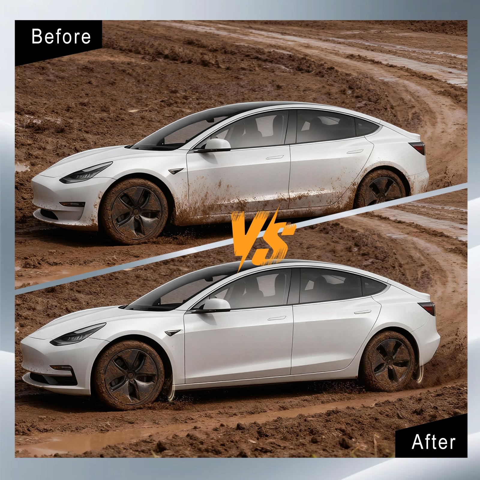 AMZAUTO mud flaps on Model Y driving through wet road spray minimizing spray