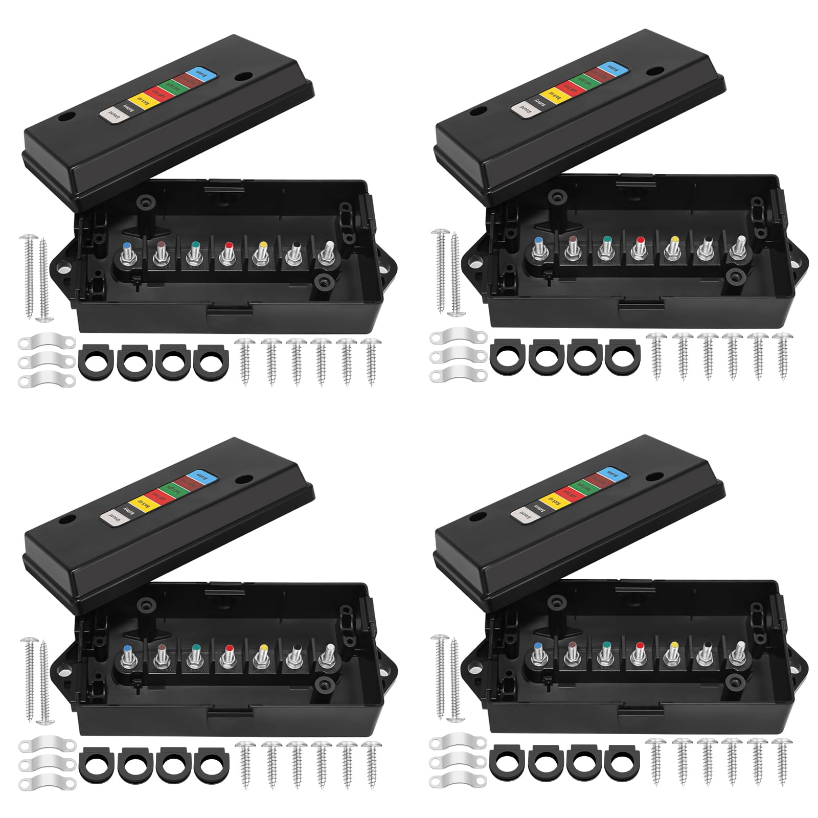 Anayguto front view of black 7-way junction box showing sealed cover and mounting holes for durable protection