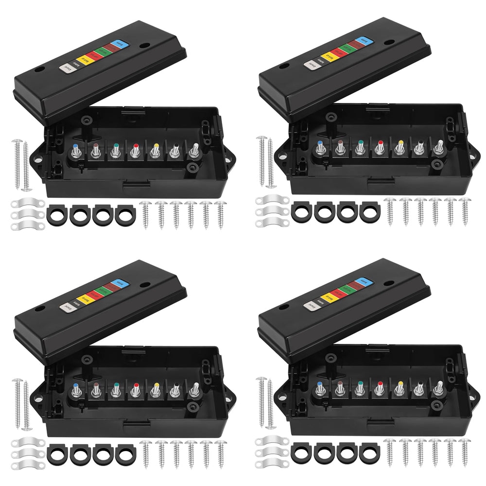 Anayguto front view of black 7-way junction box showing sealed cover and mounting holes for durable protection