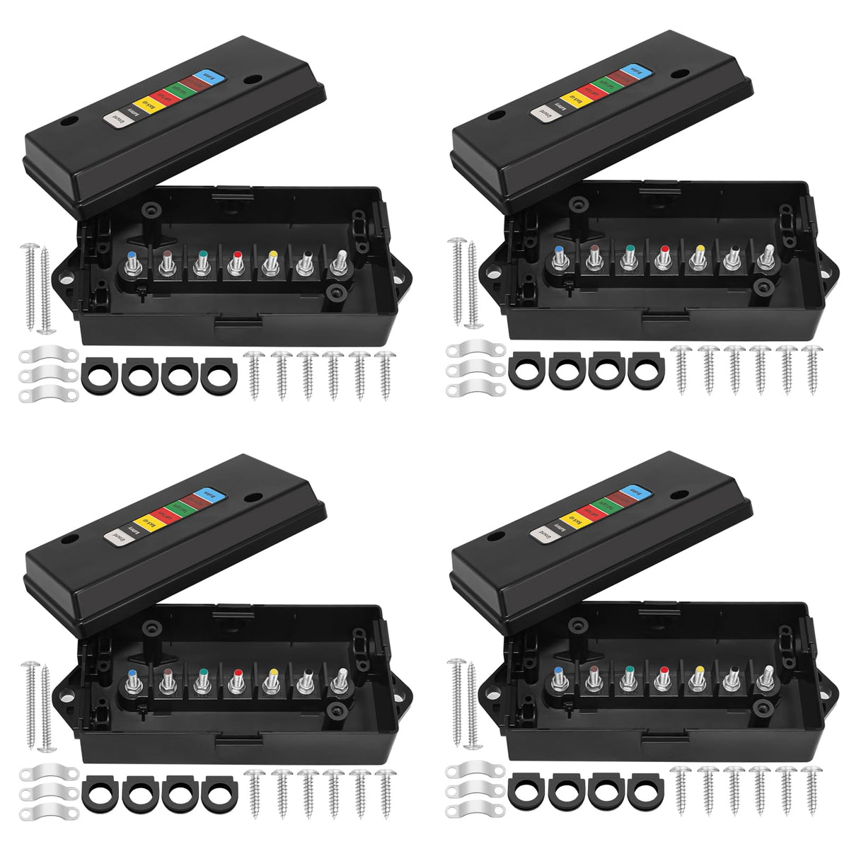 Anayguto front view of black 7-way junction box showing sealed cover and mounting holes for durable protection