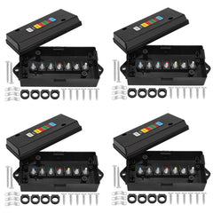 Anayguto front view of black 7-way junction box showing sealed cover and mounting holes for durable protection