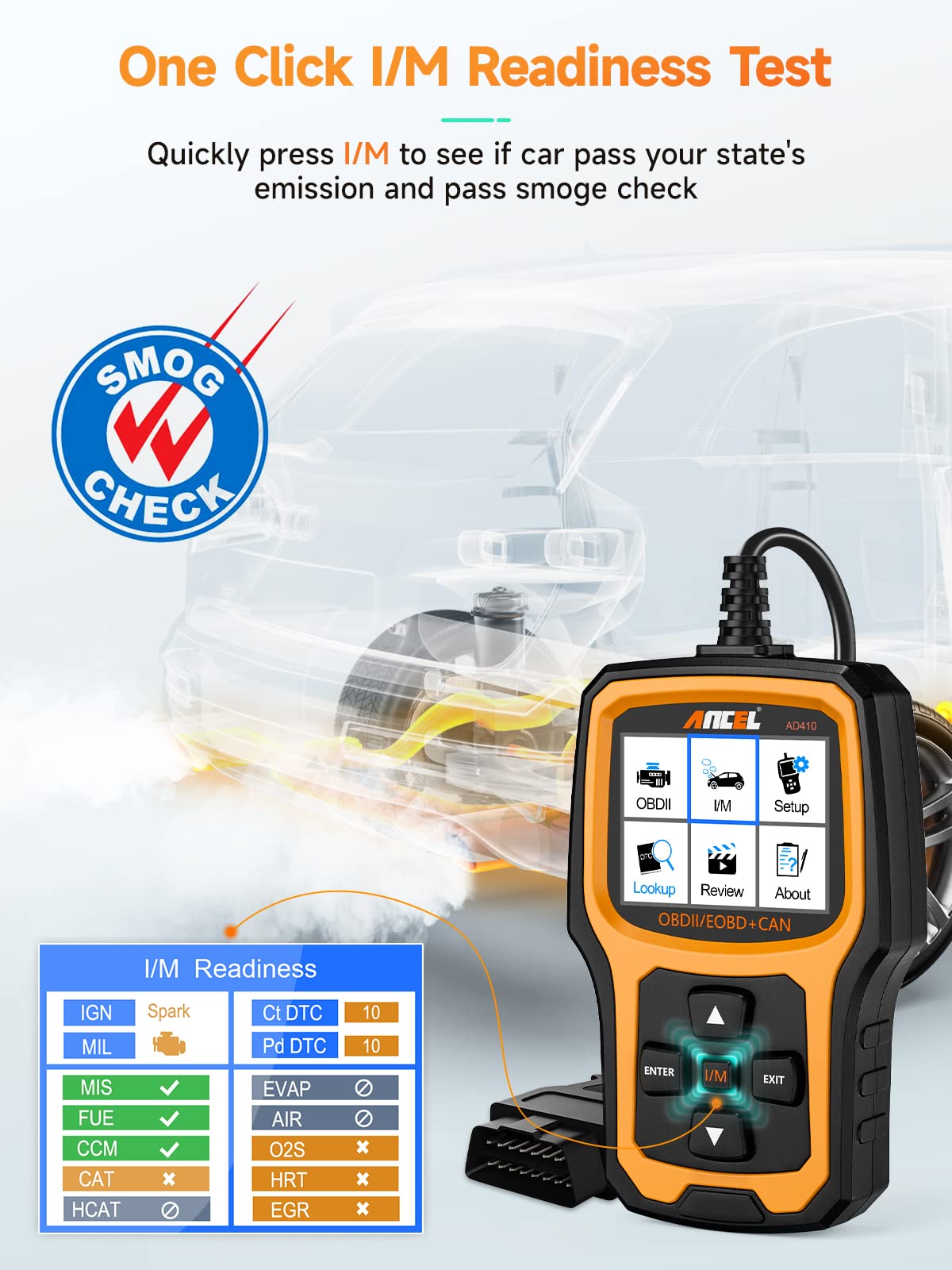 ANCEL AD410 plugged into vehicle OBD2 port for on-the-spot diagnostic checks