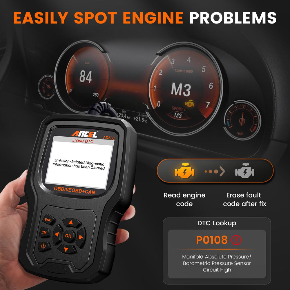 ANCEL AD530 plugged into vehicle DLC port demonstrating easy plug-and-play use