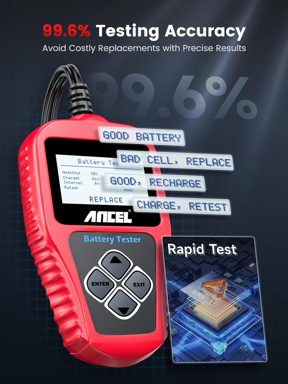ANCEL BA101 performing cranking test on a car starter to identify weak-start issues
