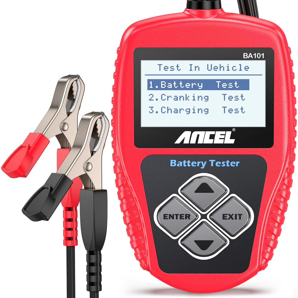 ANCEL BA101 front display showing clear battery readings and benefit of quick diagnostics