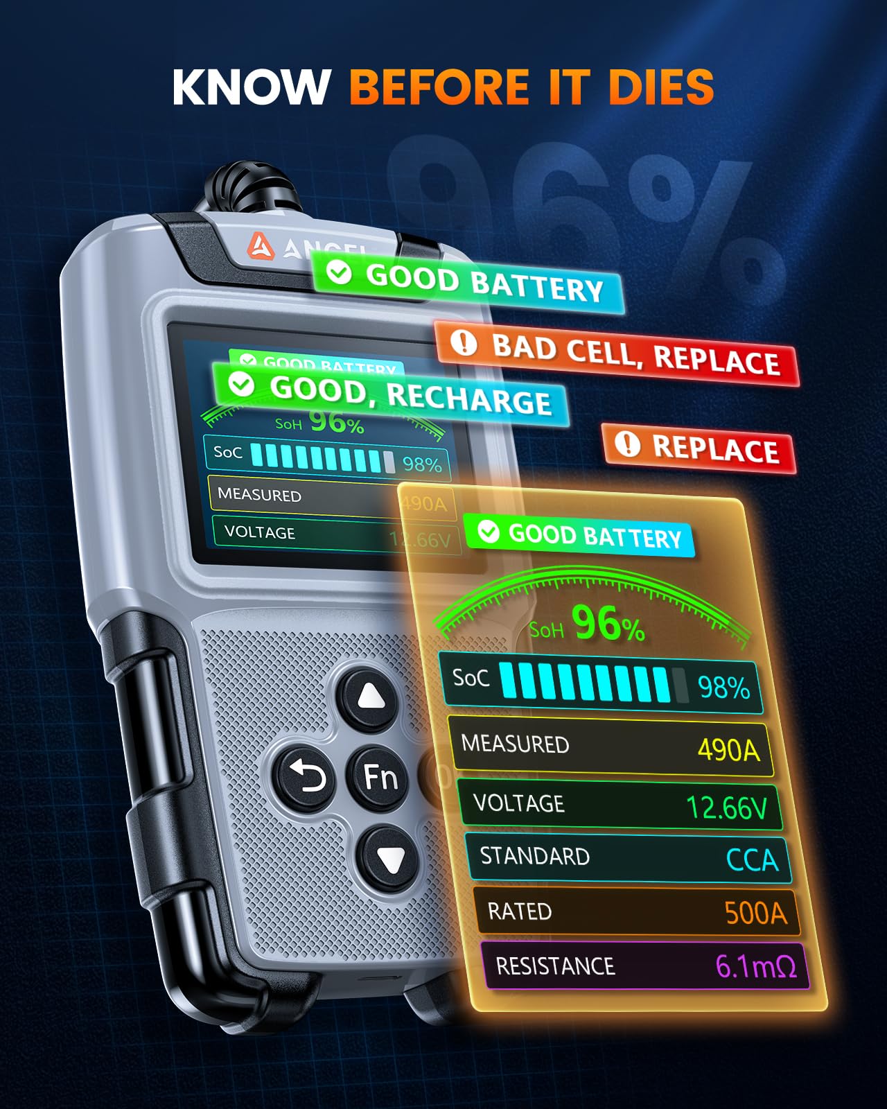 ANCEL BA101 Plus connected to car battery during cranking test for quick checks