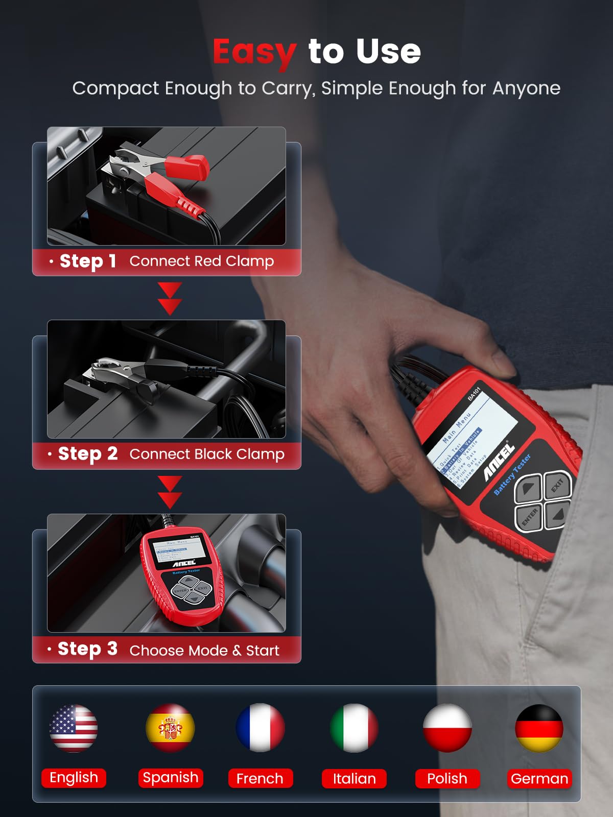ANCEL BA101 in hand for size and portability to carry in toolbox or glovebox