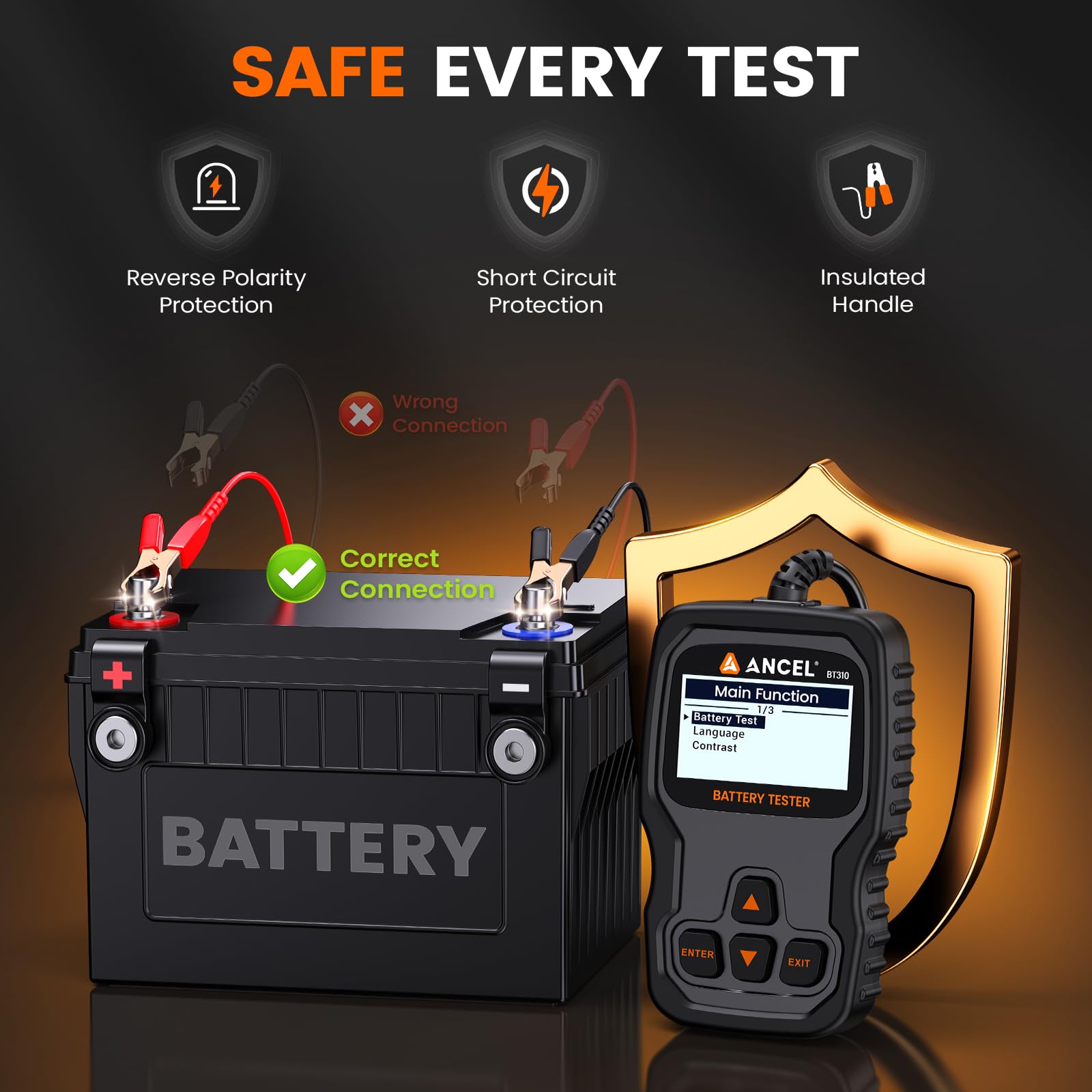 ANCEL connected to car battery during crank test showing quick troubleshooting