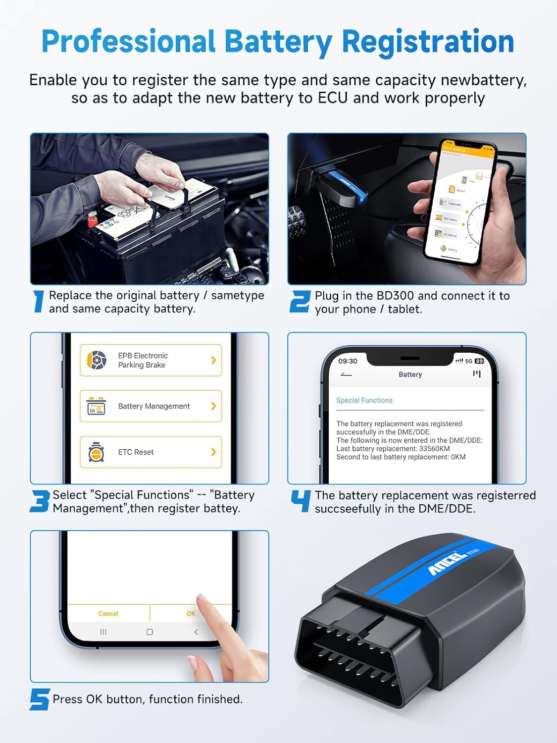 ANCEL BD300 paired with smartphone app displaying diagnostic results clearly