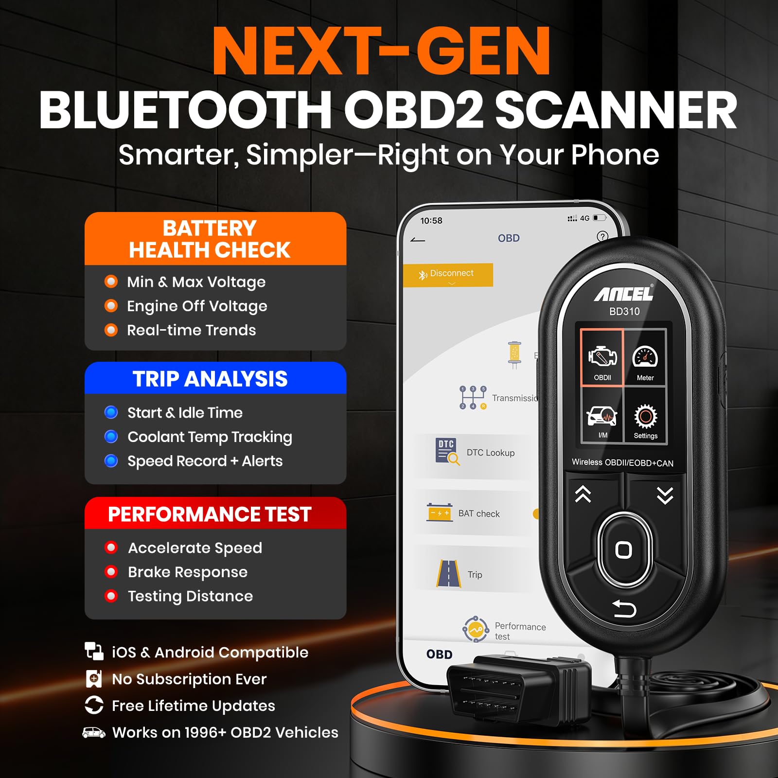 ANCEL BD310 angled plug in OBD2 port offering quick connection benefit