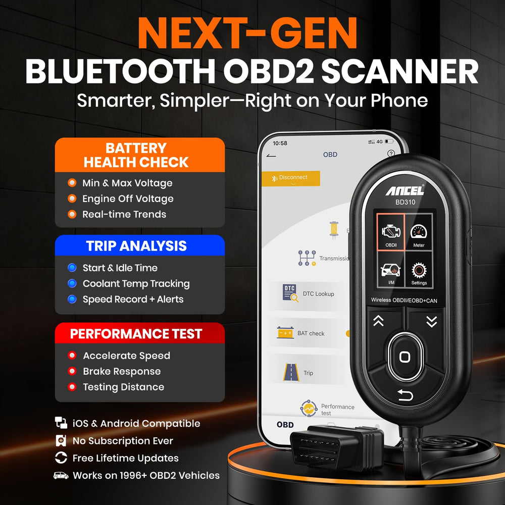 ANCEL BD310 angled plug in OBD2 port offering quick connection benefit