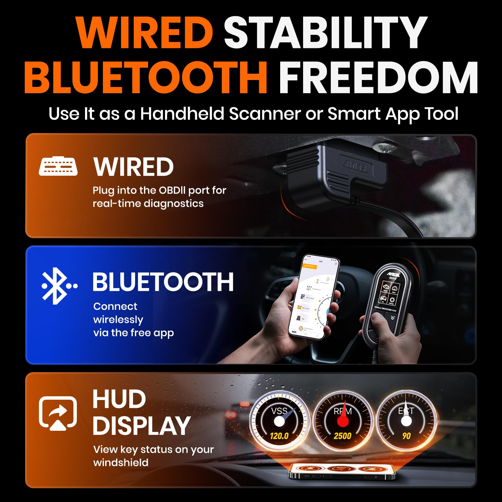 ANCEL BD310 HUD on windshield showing speed and RPM for safer driving
