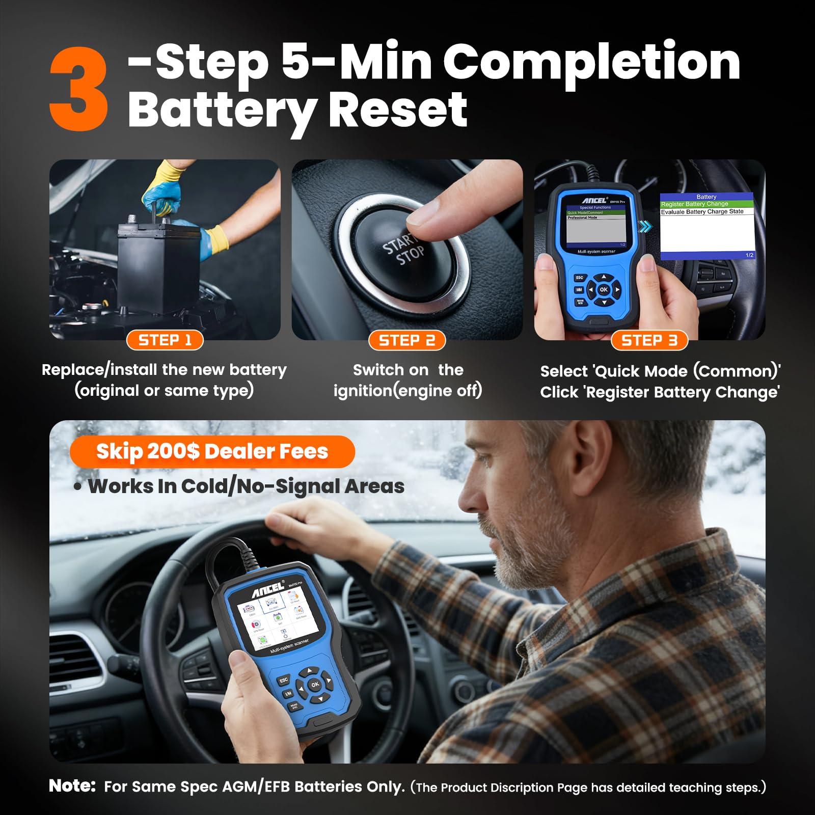 ANCEL BM700 PRO battery registration prompts, quick 3-step comfort