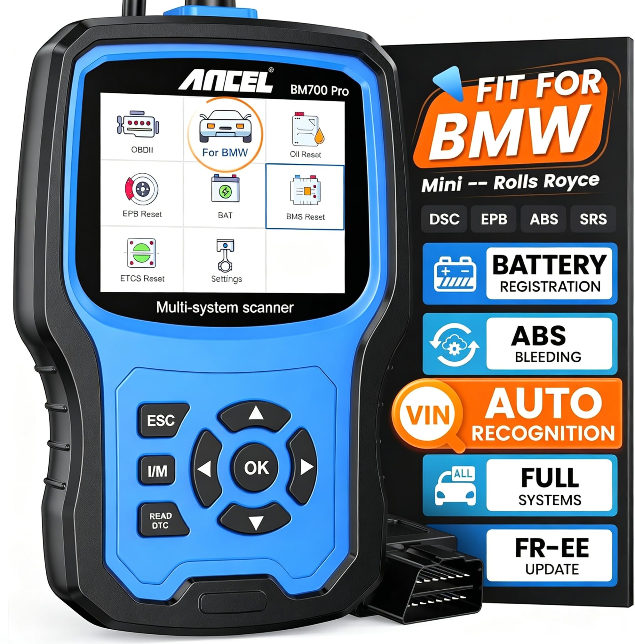 ANCEL BM700 PRO front view showing device and wired cable, reliable diagnostics
